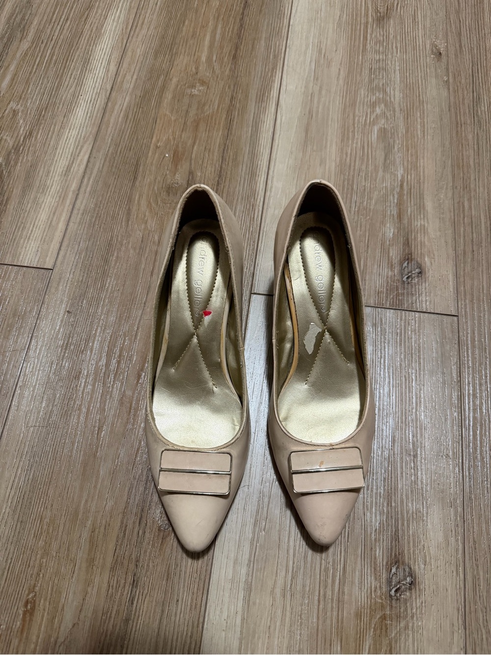 Andrew Geller Beige Pointed Toe Pumps with Buckle Accent